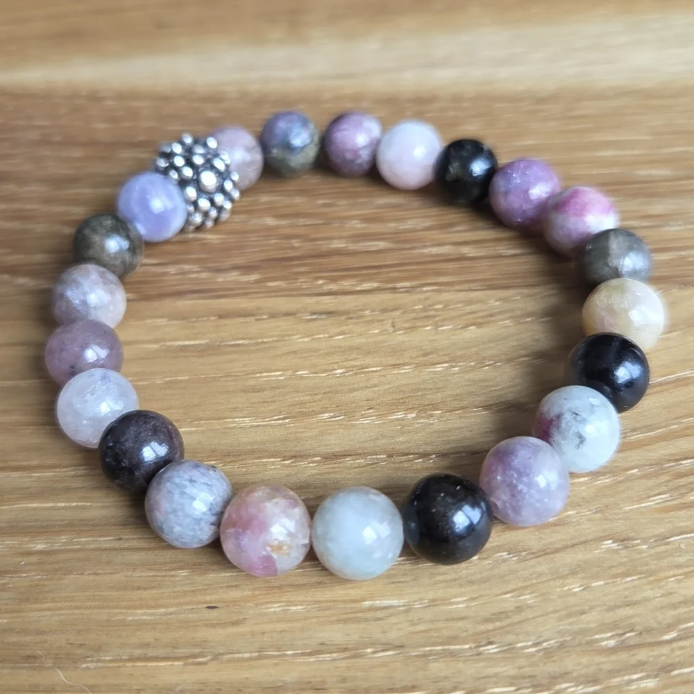 Pink & Purple Tourmaline Beads Stretch Bracelet, Handcrafted